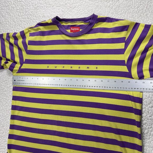 Supreme Striped T Shirt Men’s M Purple Yellow Minimal Logo Streetwear - Picture 9 of 10